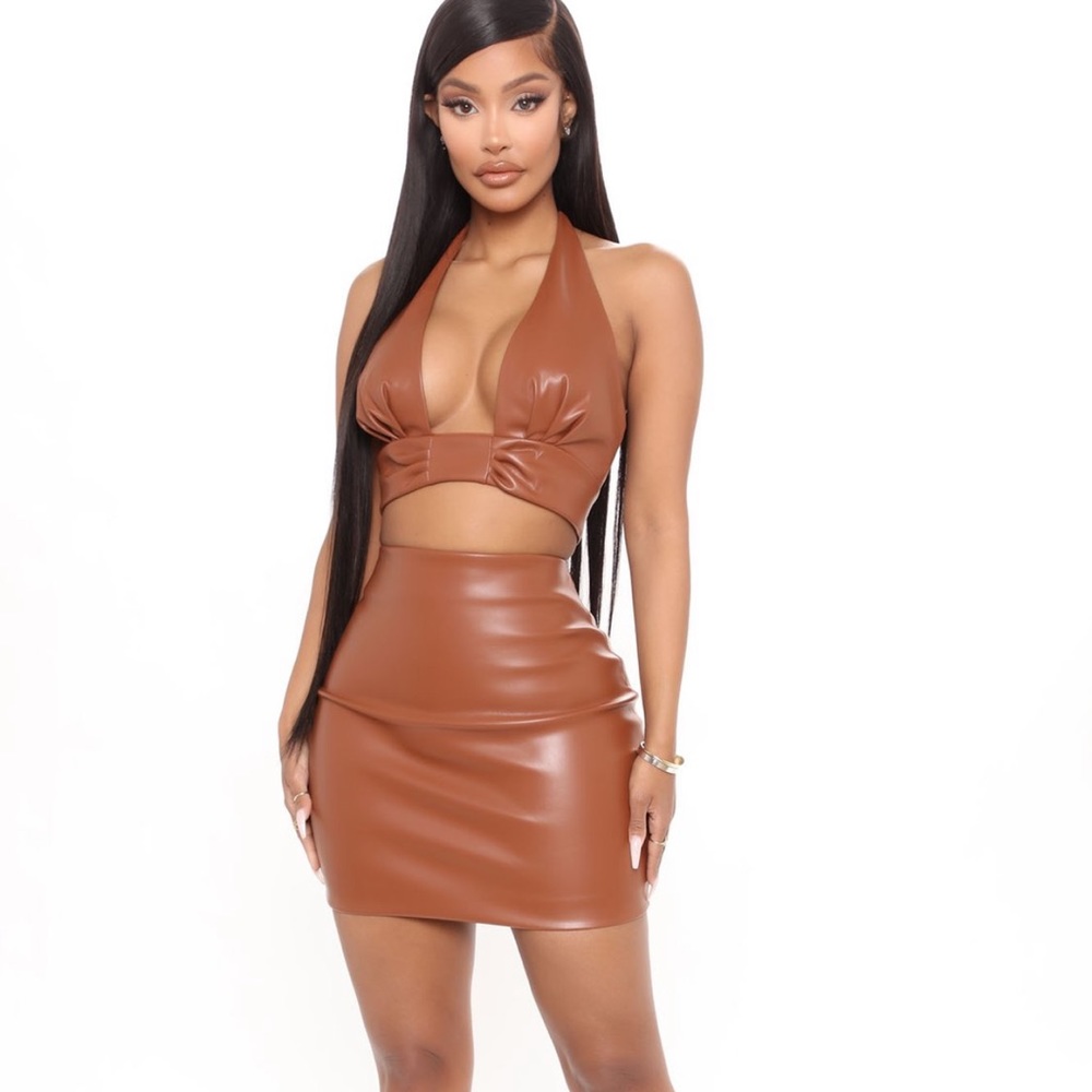 FN Live More Faux Leather Skirt Set - Cognac